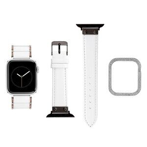 Anne Klein Broadway Collection Ladies Apple Watch Band Set Genuine White Leather
